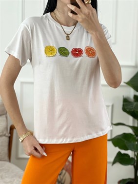Beyaz Renkli Meyve Desen Tshirt