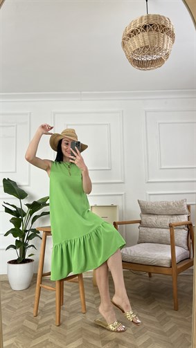 Fıstık Yeşili Rengi Kolsuz Keten Elbise